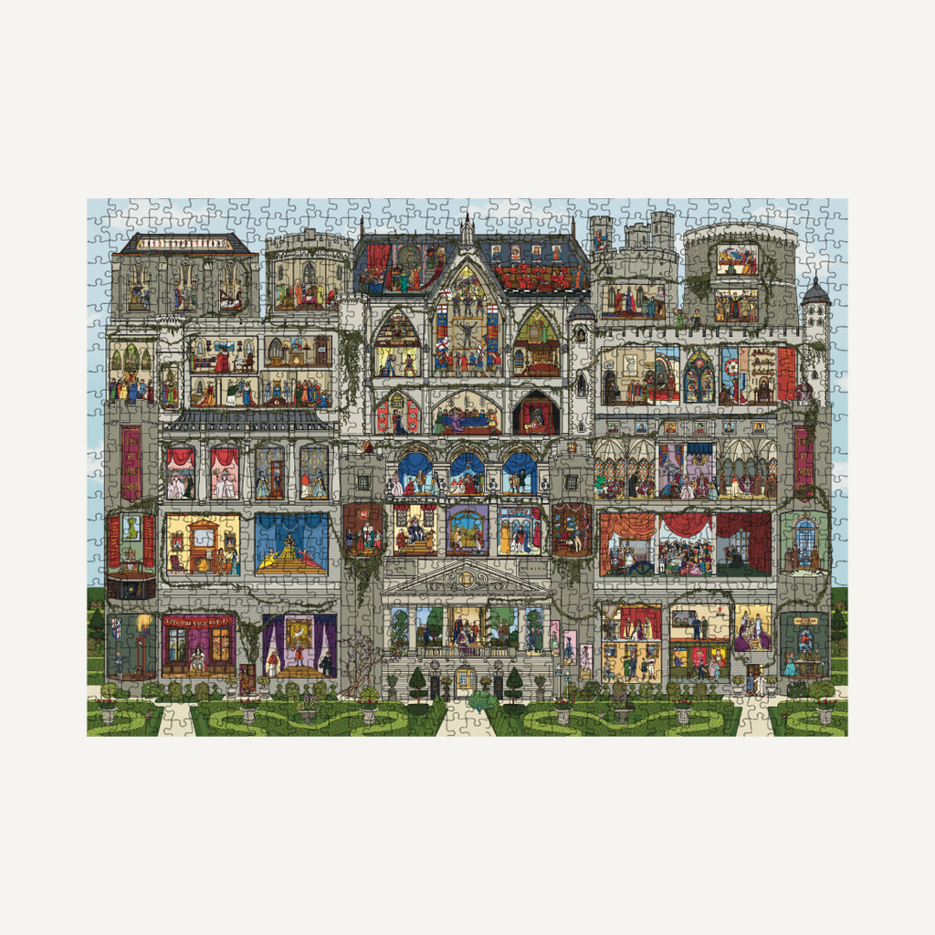 A detailed palace filled with the Kings and Queens of England