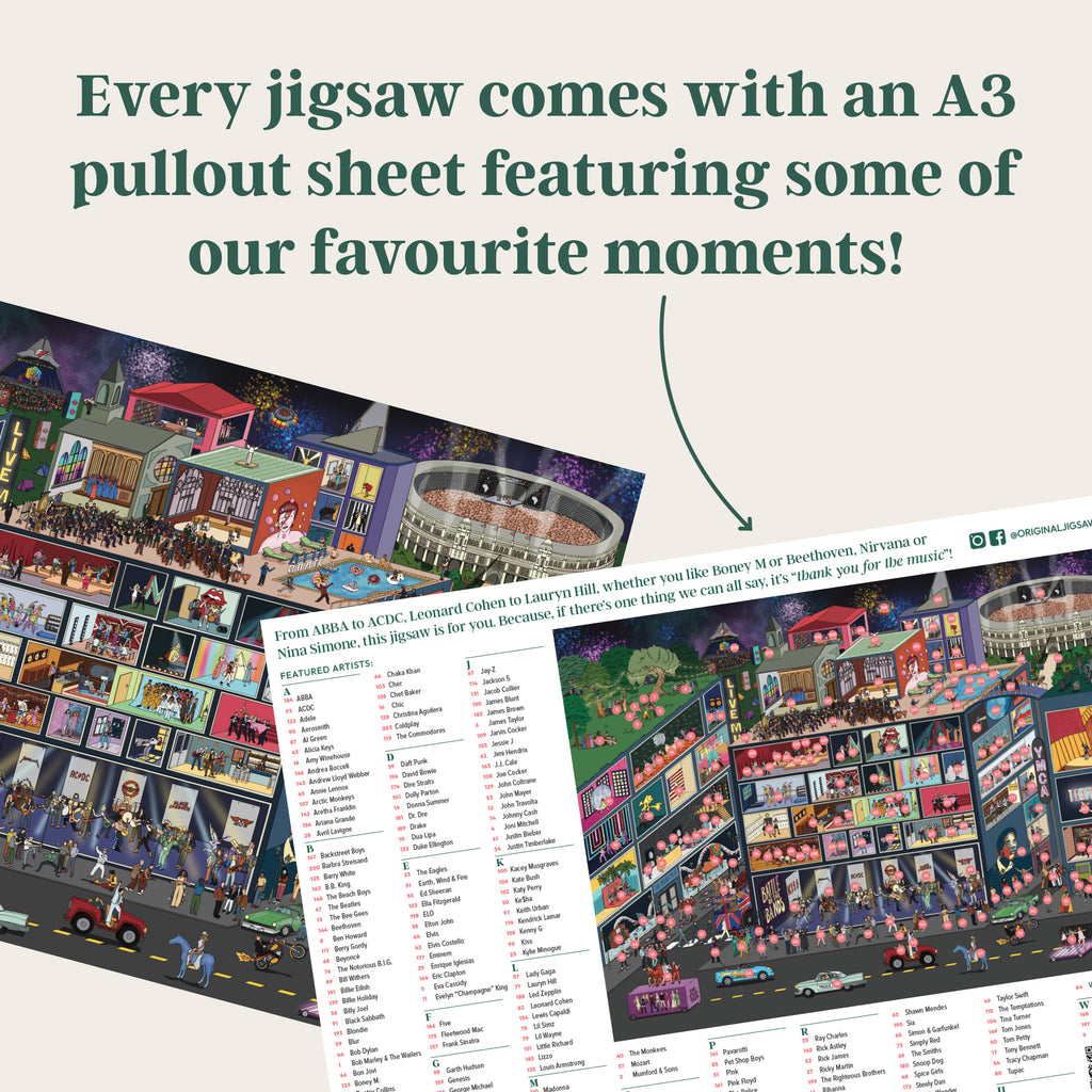 All the artists included in the jigsaw scene are highlighted on the pull-out sheet 