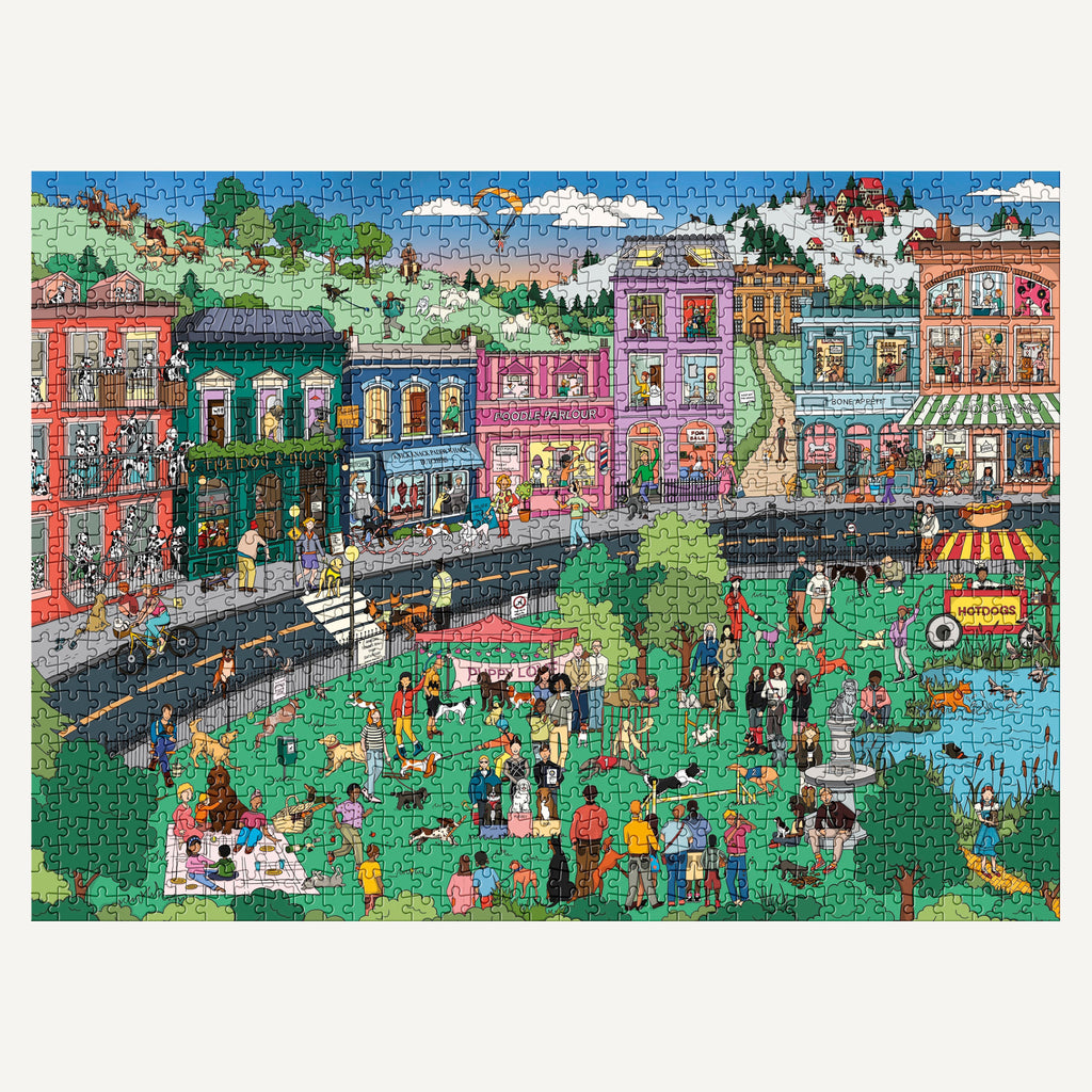 Jigsaw puzzle scene packed with over 50 much loved dog breeds! 